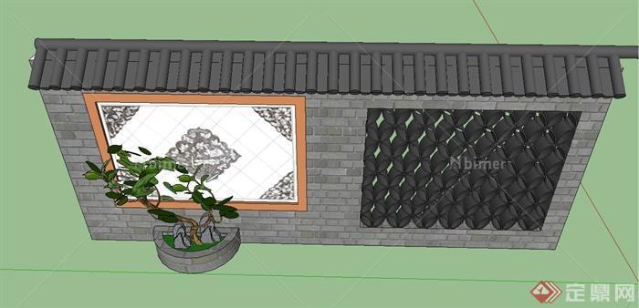 某古典中式景墙与盆栽植物设计SU模型