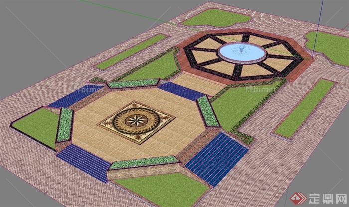 某现代风格规则式广场喷泉绿地景观设计su模型[原