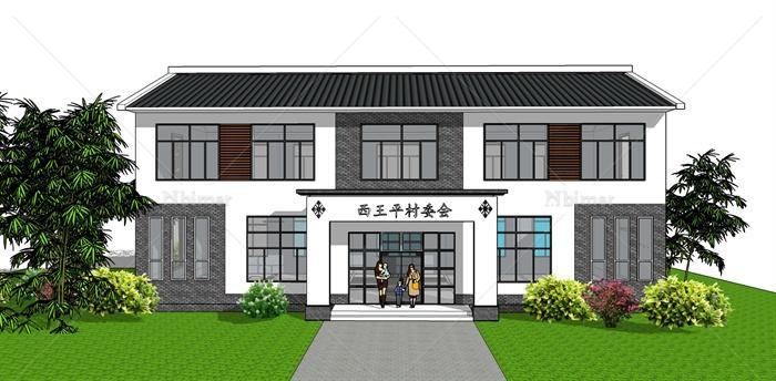 新中式村委会建筑楼设计su模型及cad方案[原创]