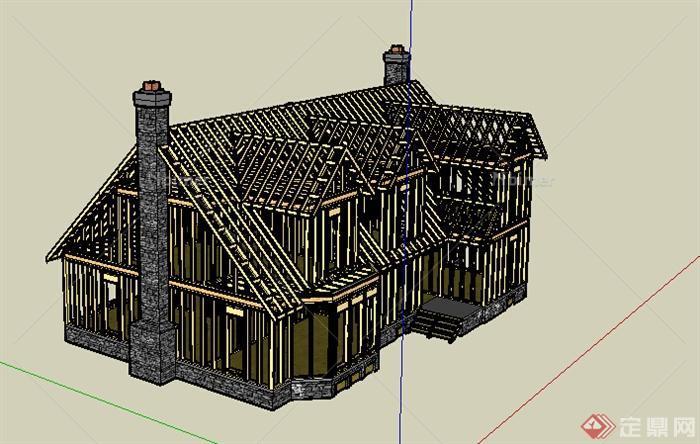欧式木质结构两层住宅建筑设计SU模型