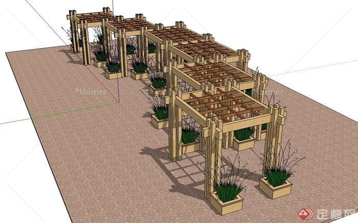 某现代木廊架设计su模型（含花池、地面铺装）