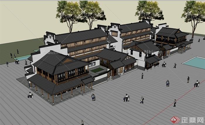 中国古典中式风格沿街商业楼建筑su模型[原创]