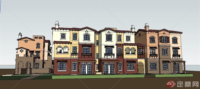 西班牙风格围和拼接别墅住宅建筑设计su模型[原创