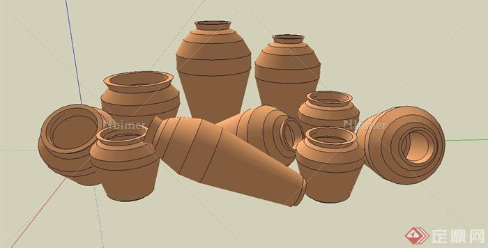 园林景观多个陶罐花钵设计SU模型