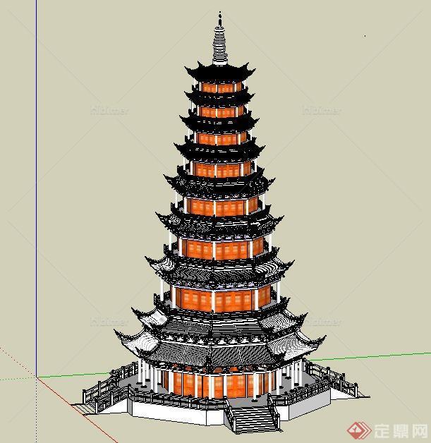 中式八角塔楼设计su模型[原创]