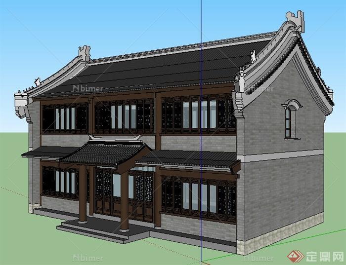 中式风格二层文化馆建筑设计su模型