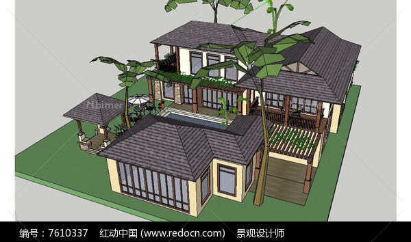 东南亚风格SketchUp别墅建筑草图大师SU模型