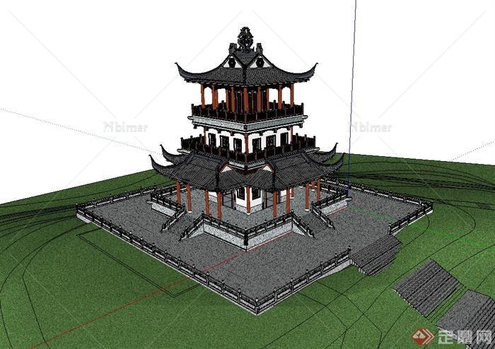中国古典中式风格观景塔楼建筑设计su模型[原创]