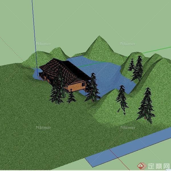 某山间湖边茶室建筑设计SU模型