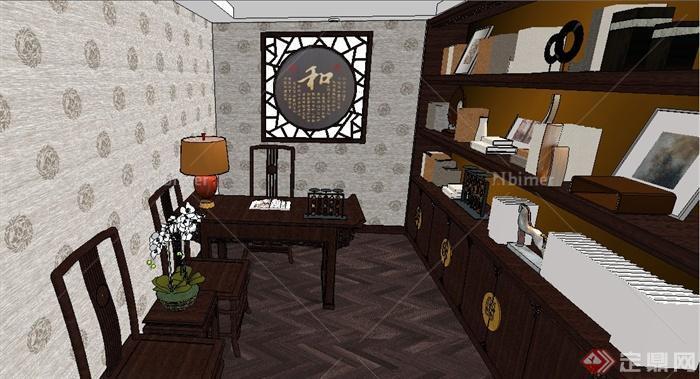 中式风格住宅书房室内装饰su模型