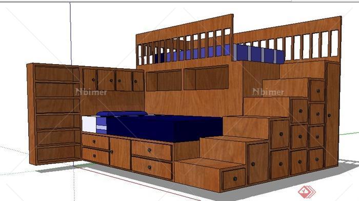 简约木质带梯柜衣柜儿童床设计su模型[原创]