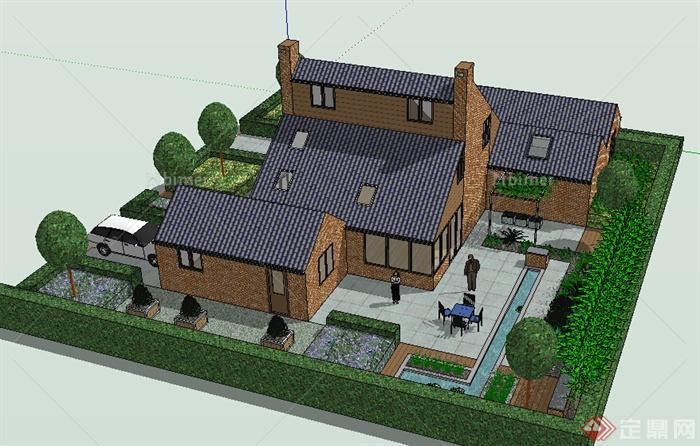 某现代风格农村自建住宅带庭院建筑设计SU模型