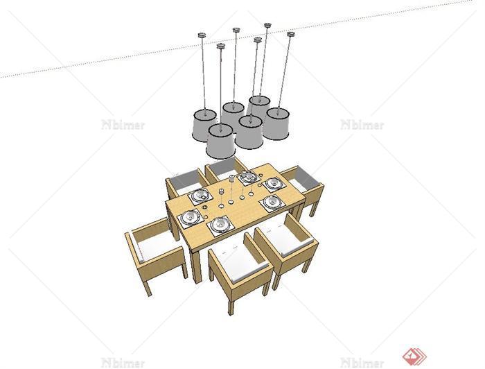 某现代餐厅六人桌、吊灯设计su模型
