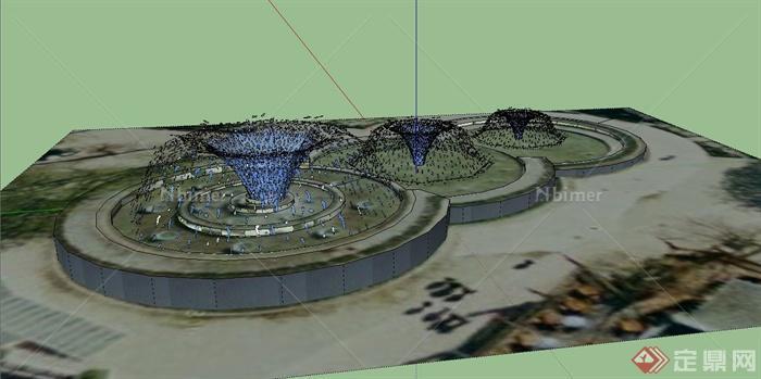 三个造型相同大小不同的喷泉水池设计su模型[原创