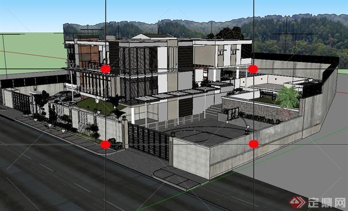 某现代风格详细大型别墅建筑设计su模型带效果图