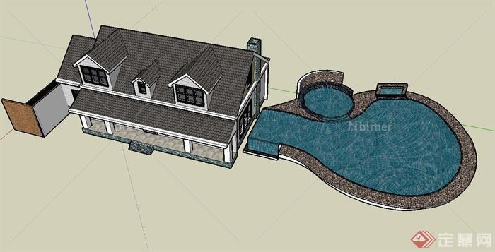 某双层住宅楼建筑设计SU模型（带水池）