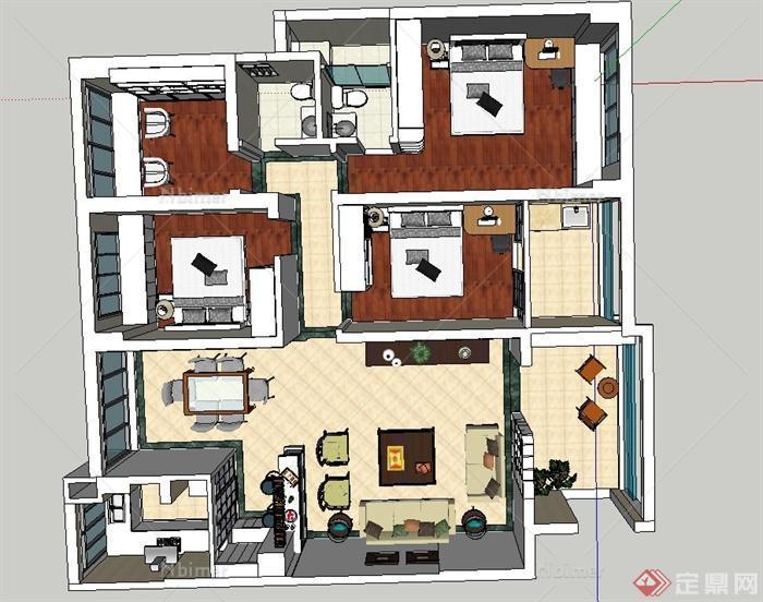 现代中式三室一厅两阳台小区住宅室内装修设计SU