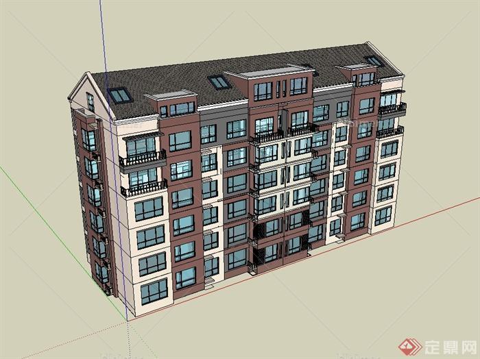 现代坡屋顶多层住宅楼建筑设计su模型[原创]