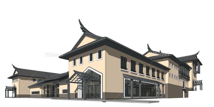 中式风格四合院式酒店建筑sketchup模型