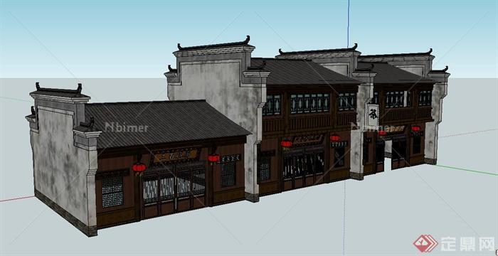 古典中式两层双面店铺建筑设计SU模型