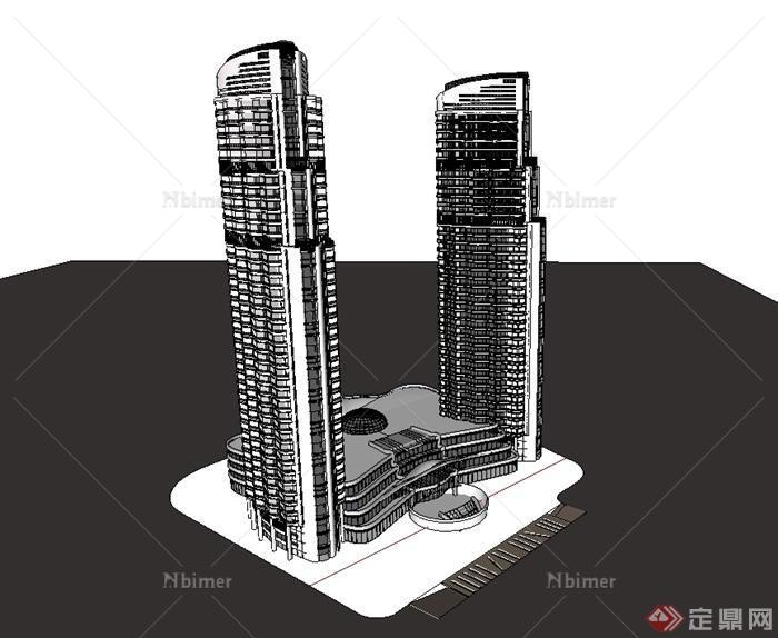 某现代风格详细高层双塔办公楼楼设计su模型[原创