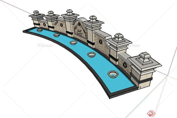 某小区大门入口景墙水池设计su模型