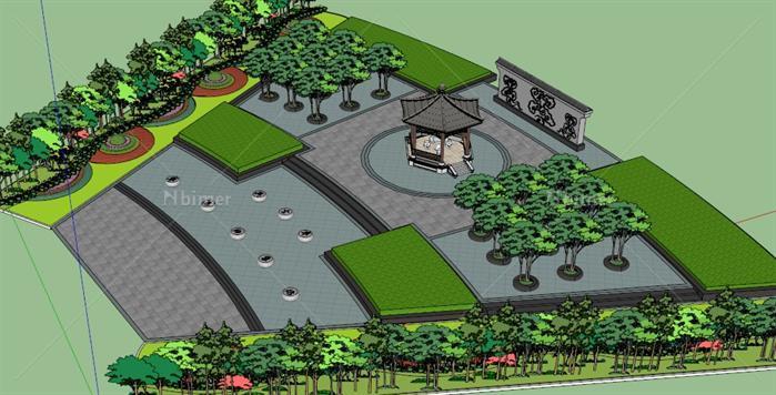 某现代中式小广场景观设计方案su模型