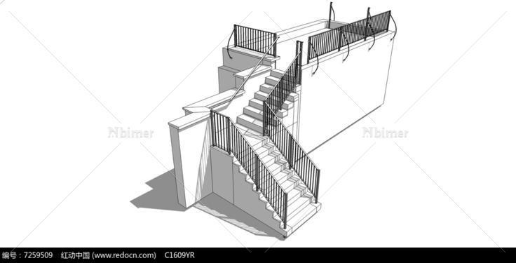 白色直角室外楼梯su模型