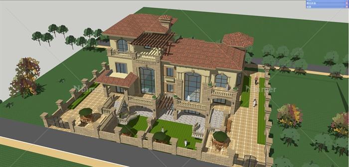 欧式西班牙独栋别墅建筑设计su模型含缩略效果图