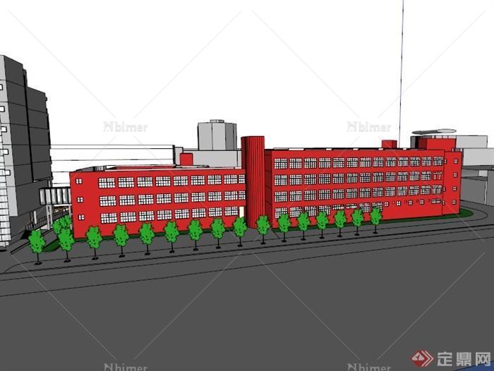 现代红色教学楼建筑设计SU模型素材[原创]