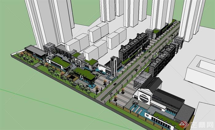 某现代中式风格详细完整商业街建筑设计su模型[原