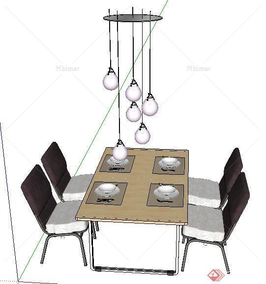 现代简约四人座餐桌椅及吊灯su模型