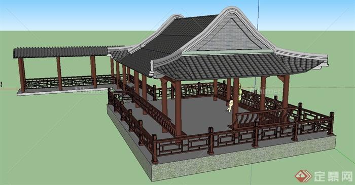 古典中式四角观水亭与廊架设计SU模型