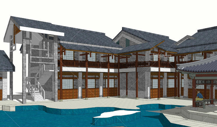 中式新古典庭院式住宅建筑设计sketchup模型