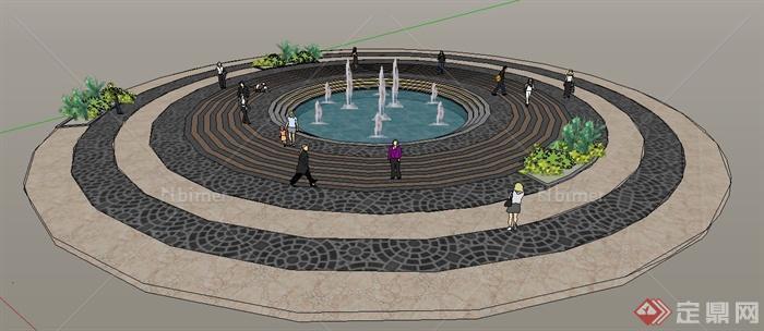 园林景观现代环形喷泉水景小广场su模型