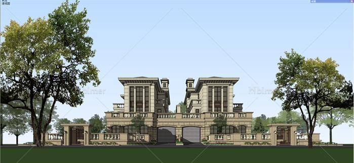 某法式双拼联排别墅建筑设计方案SU模型（带入户