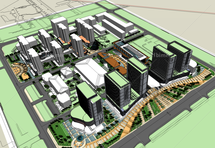现代风格商业综合体和住宅区规划SketchUp模型