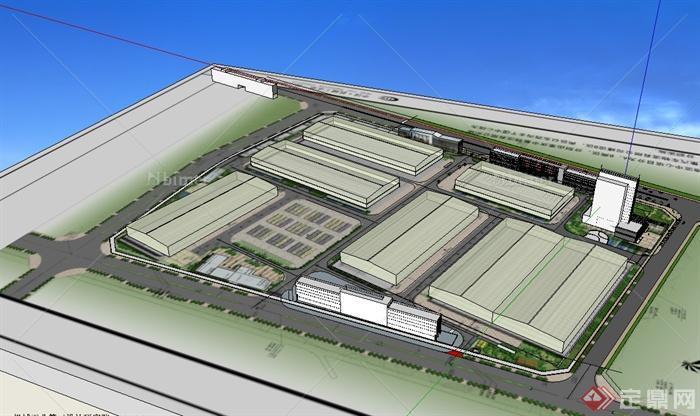 某现代风格厂房、办公及商业建筑楼设计su模型[原