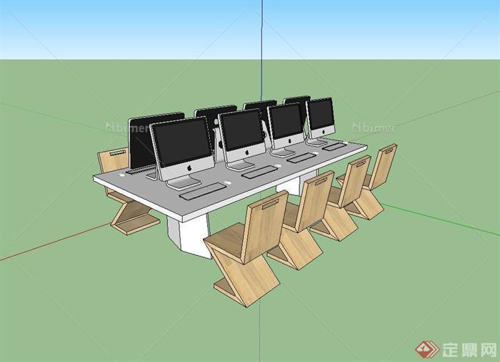 某现代时尚办公室电脑、桌椅设计su模型