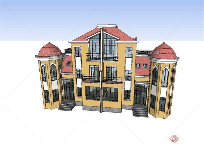 欧式两栋联排别墅住宅建筑设计su模型
