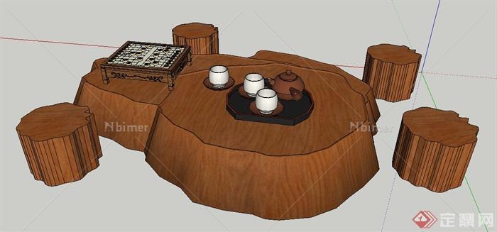 中式木制茶桌凳su模型