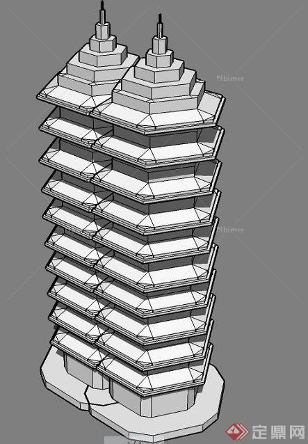 园林景观双塔设计su模型