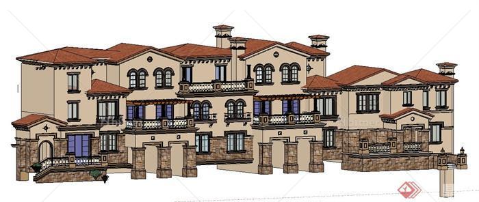 西班牙风格拼接别墅建筑设计su模型