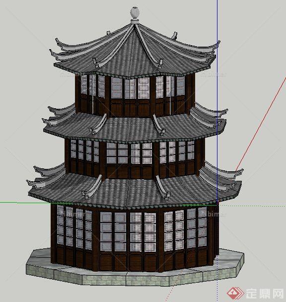 中式风格三层八角塔楼设计su模型