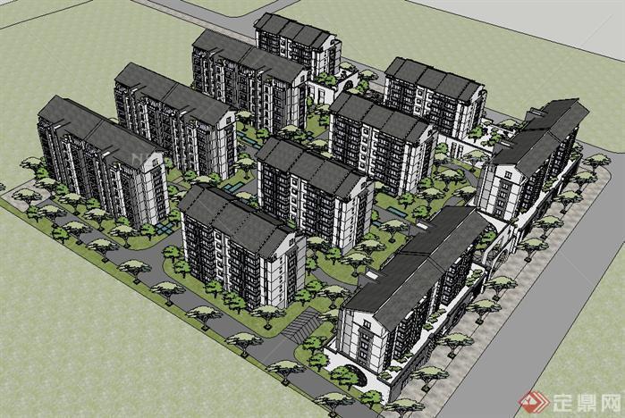 新中式村民安置小区建筑方案SU精致设计模型[原创