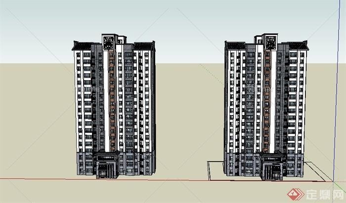 现代两栋高层住宅电梯房建筑设计SU模型