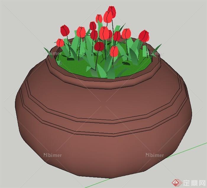 圆形深色花钵设计SU模型