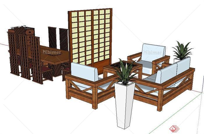 一组日式风格沙发茶几、餐桌椅su模型