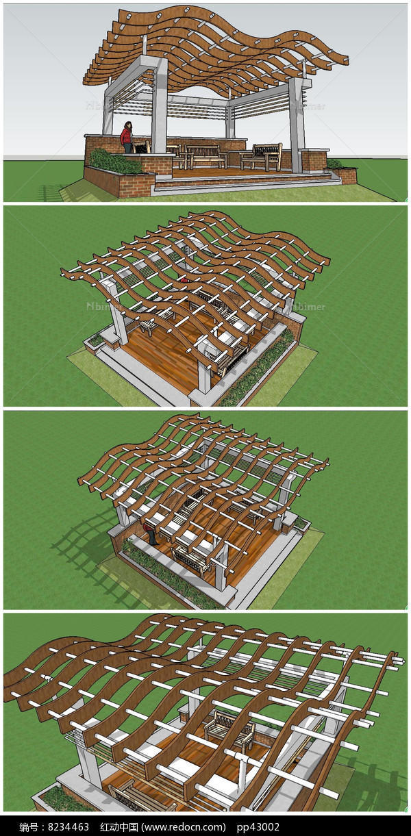 波浪型艺术防腐木廊架SU模型