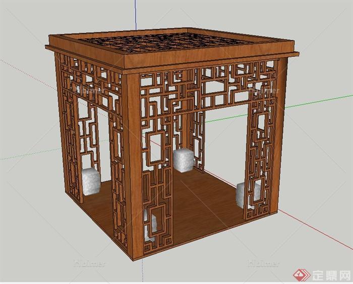 木质镂空四方亭设计SU模型[原创]